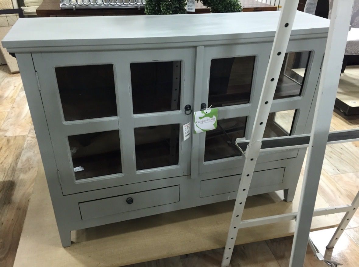 Calypso Home Gray/Blue Wood Accent Cabinet Sideboard Console Table w/ Glass Doors & Drawer