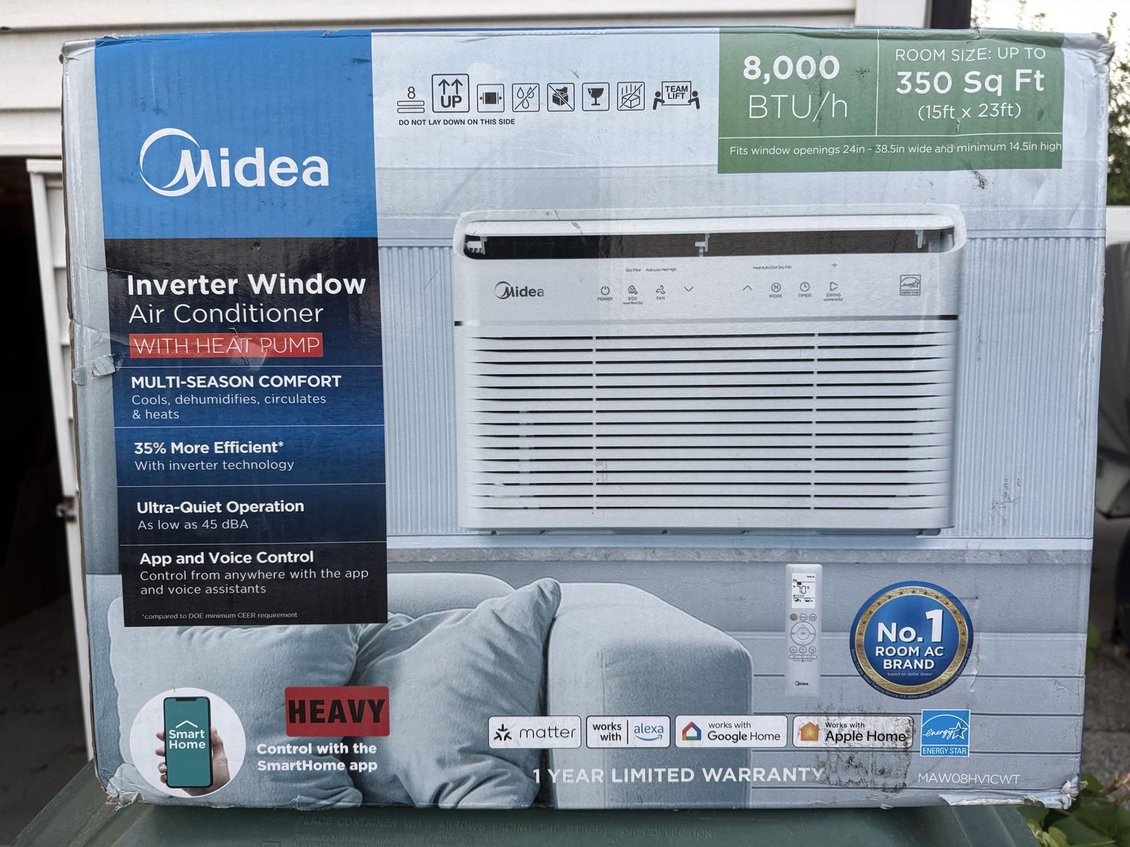 Midea 8000 BTU Inverter Window Air Conditioner with Heat Pump MAW08HV1CWT White with remote