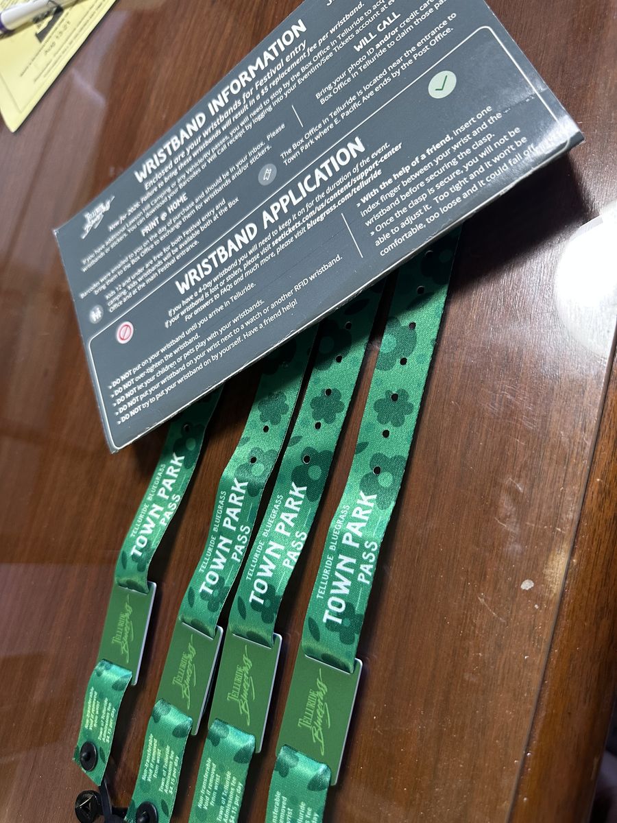 Telluride Bluegrass Festival Wristbands with town Park camping (4 tickets)
