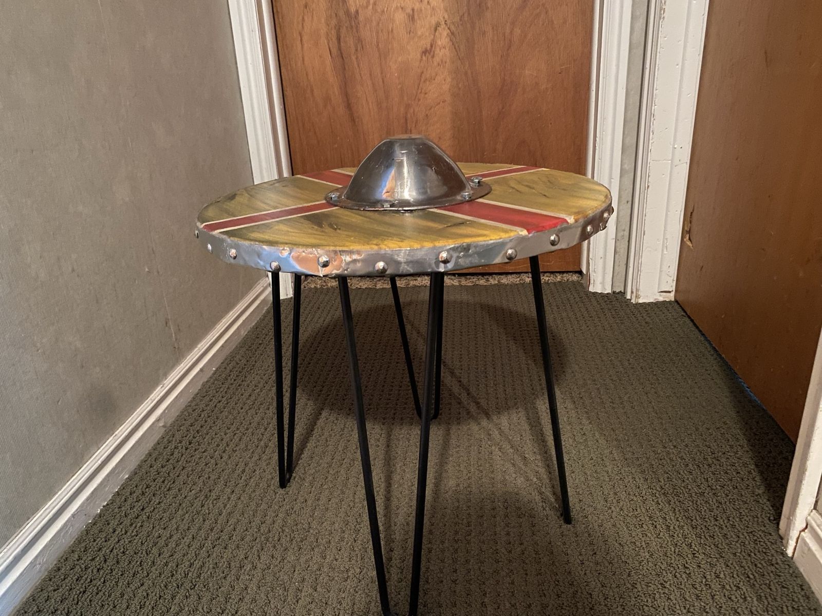 Handmade Viking Shield Side Table, Unique Circular Wood & Metal Accent Furniture