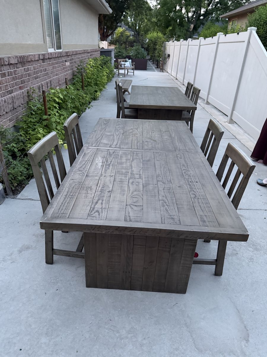 Rustic Gray Wood Dining Table Set with 6 Chairs - Outdoor/Indoor Furniture