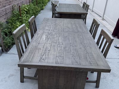 Rustic Gray Wood Dining Table Set with 6 Chairs - Outdoor/Indoor Furniture
