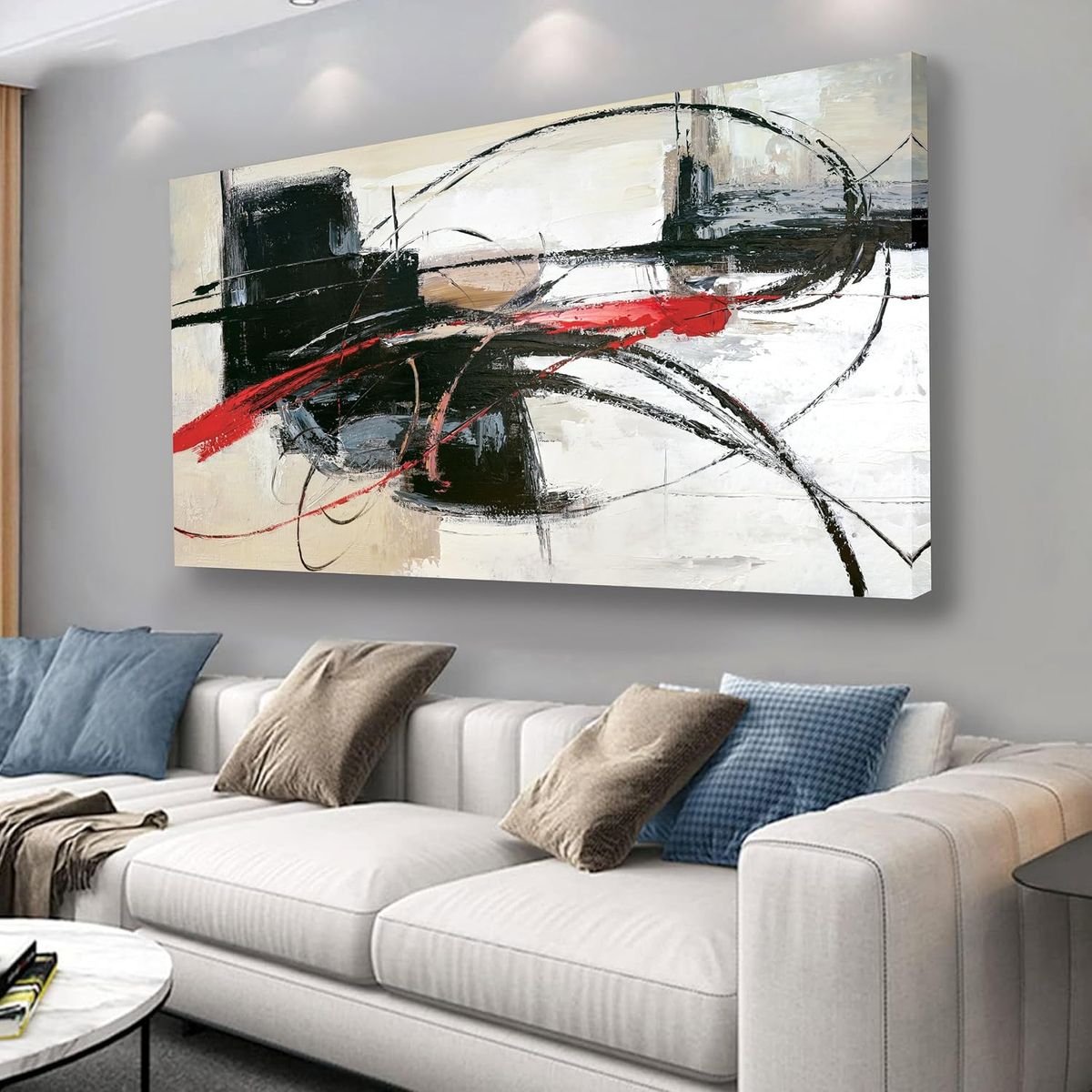 30" x 60" Black and Red Canvas Wrapped Large Abstract Wall Art