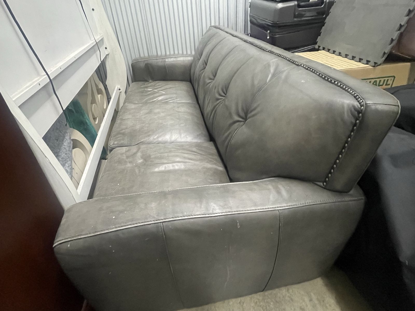 Luxurious Grey Leather Loveseat and 3 section sofa- Tufted Back & Nailhead Trim - Excellent Condition
