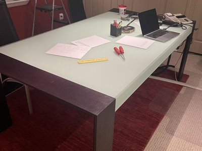Modern Frosted Glass & Dark Wood Office Desk with Storage