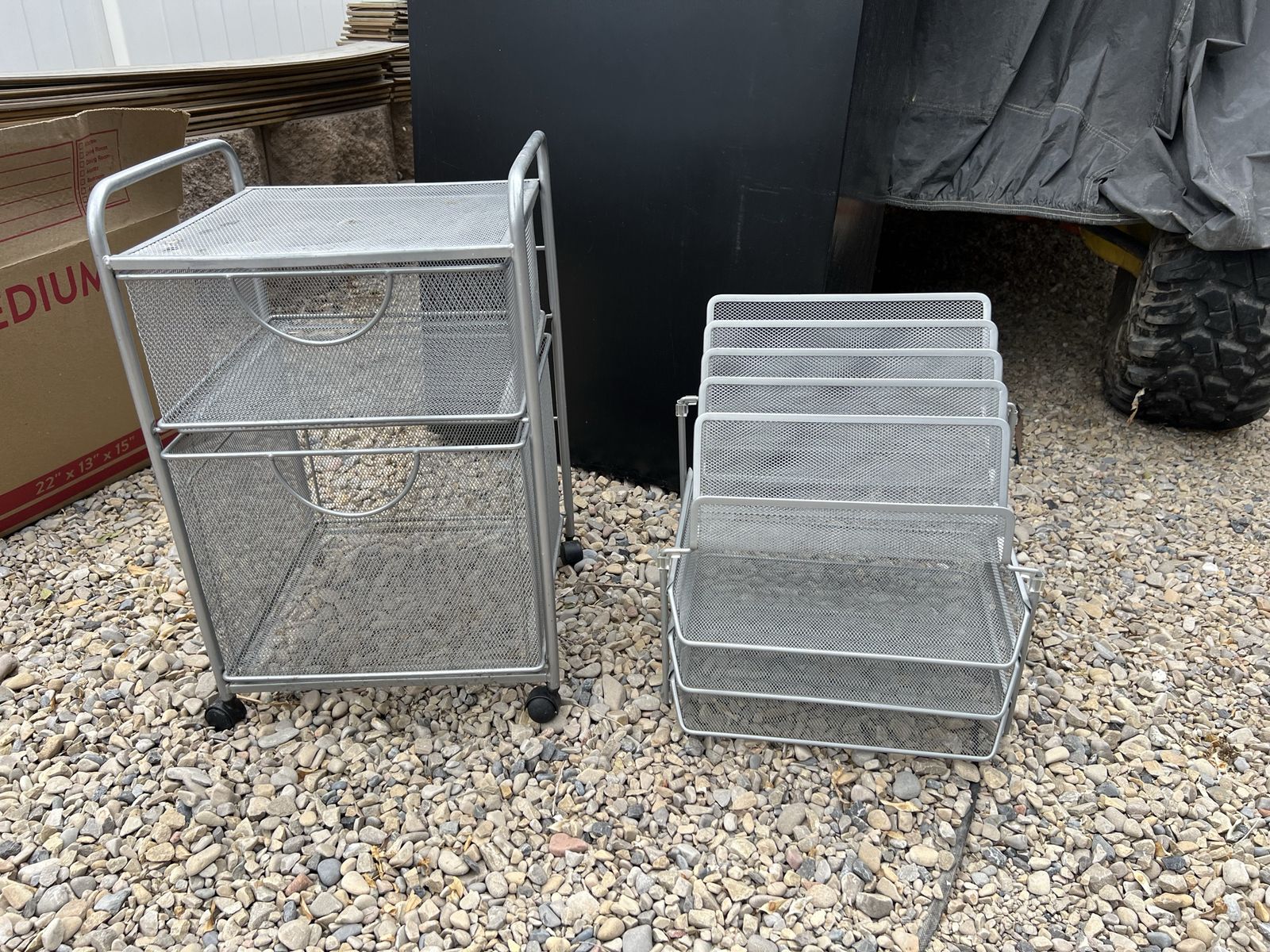 Rolling Mesh Storage Cart with 2 Drawers and 5 Stacking Trays - Silver Metal Organizer