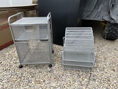 Rolling Mesh Storage Cart with 2 Drawers and 5 Stacking Trays - Silver Metal Organizer