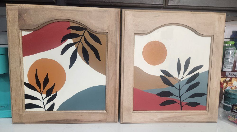 Hand-Painted Boho Botanical Art on Upcycled Wood Cabinet Doors Set of 2, $60.00
