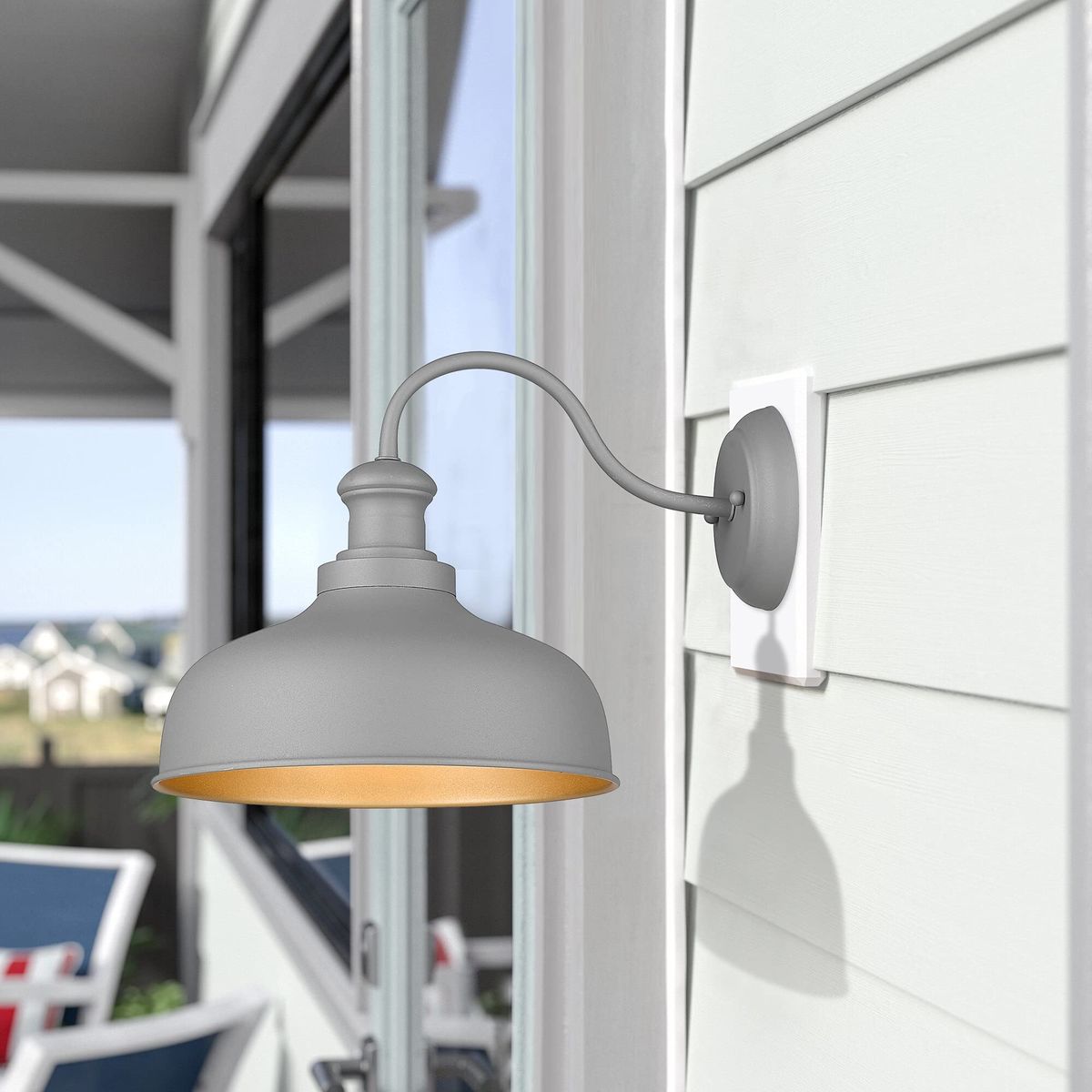 KCODD44-GR Gray Outdoor Gooseneck Barn Light Fixture with Gold Interior NEW