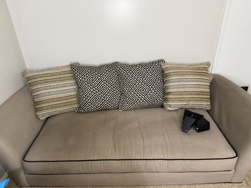 Tan Brown Couch With Slipcover And Pillows