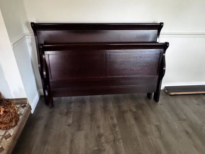 Dark Wood Sleigh Bed Headboard & Footboard - Queen Size