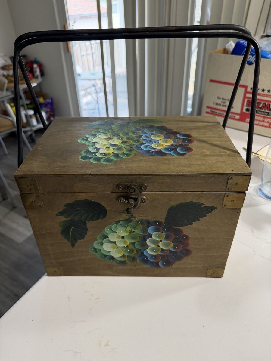 Vintage Hand-Painted Wooden Box with Metal Handle - Grapes Design Storage Decor