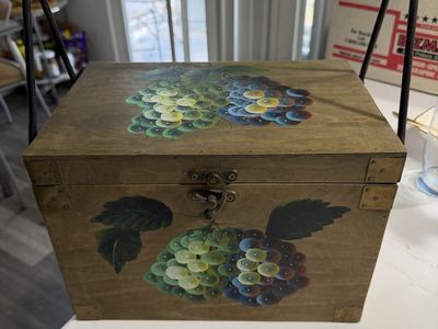 Vintage Hand-Painted Wooden Box with Metal Handle - Grapes Design Storage Decor