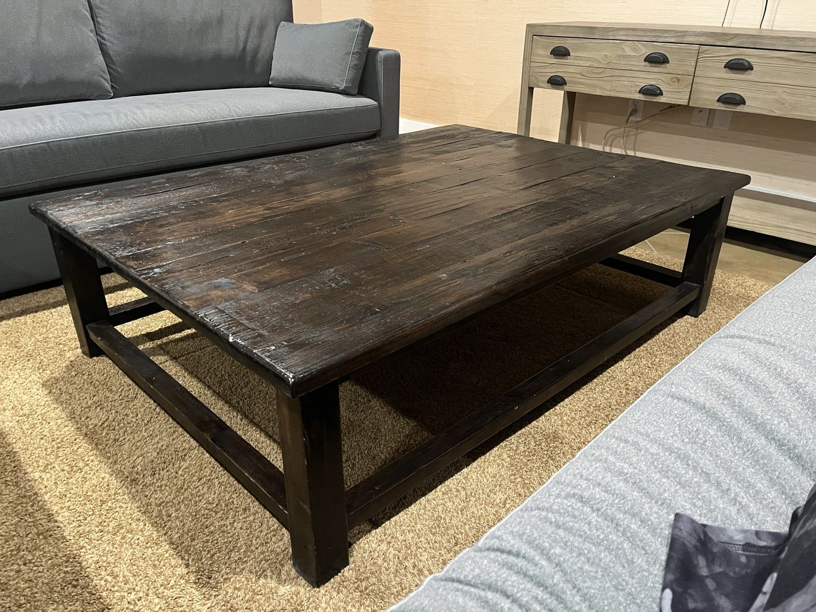Large Rustic Dark Stain Solid Wood Coffee Table