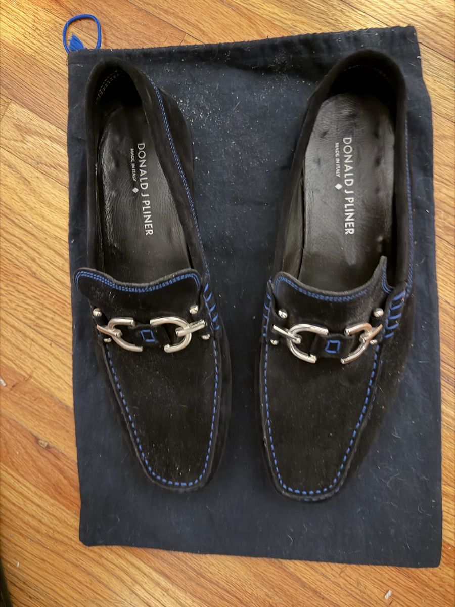 Donald J Pliner Black Suede Loafers Men's 9.5M Blue Stitching Bit Buckle Slip-On Driving Shoes