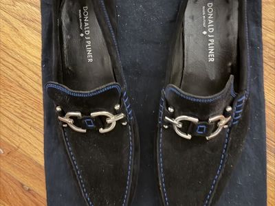 Donald J Pliner Black Suede Loafers Men's 9.5M Blue Stitching Bit Buckle Slip-On Driving Shoes