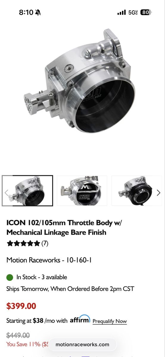 Icon billet low profile 102mm throttle body, and Billet dual T 180* with 3” quick seal