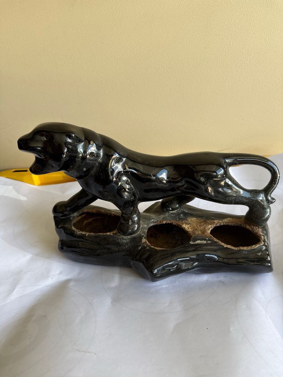 Vintage Black Glazed Ceramic Panther on Log Planter Figurine