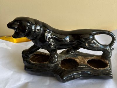 Vintage Black Glazed Ceramic Panther on Log Planter Figurine