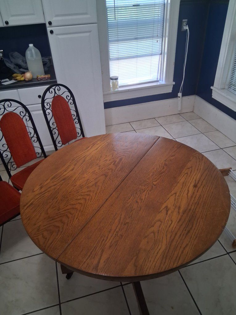Vintage Round Wood Dining Table with 4 Chairs Iron Scroll Back