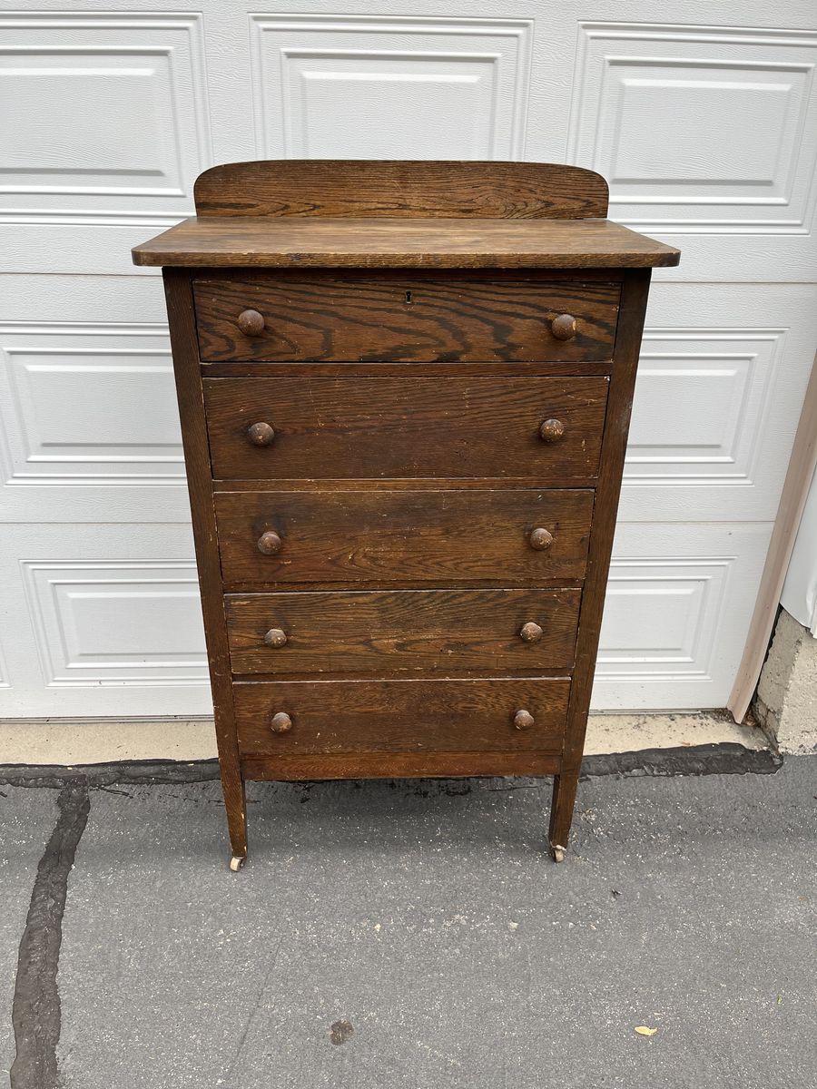 Antique Prairie style solid wood 5 drawer tall dresser