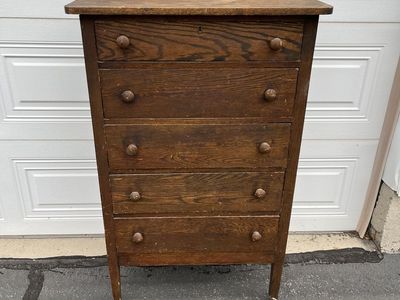 Antique Prairie style solid wood 5 drawer tall dresser
