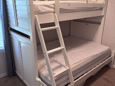 White Wooden Bunk Bed with Ladder - Twin Over Full Size