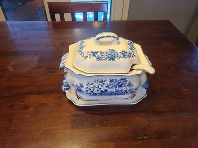 vintage blue and white floral tureen