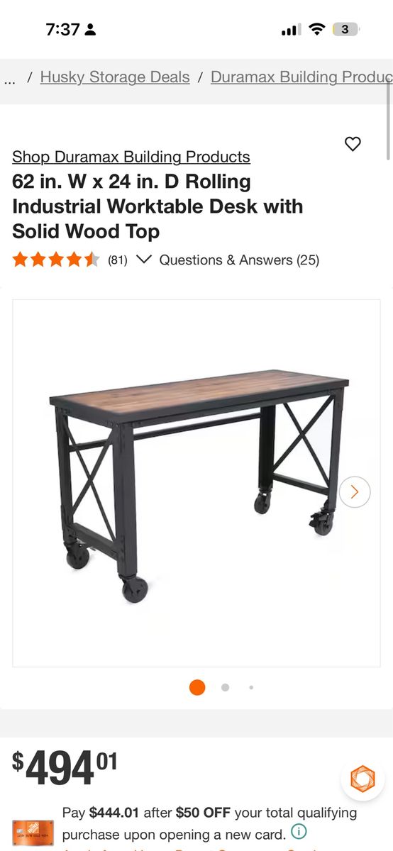 Duramax 62" Industrial Worktable Desk with Solid Wood Top & Rolling Casters