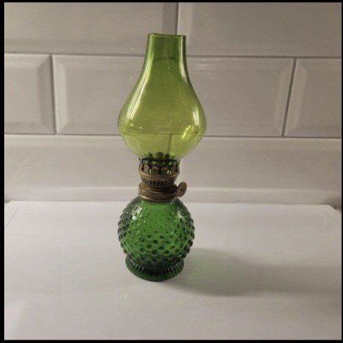 Vintage Green Glass Hobnail Miniature Oil Lamp