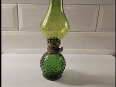 Vintage Green Glass Hobnail Miniature Oil Lamp
