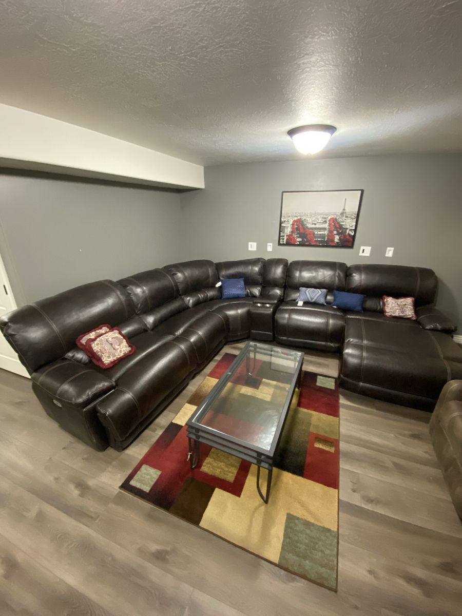 Premium Large Dark Brown Leather 7-Piece Sectional Sofa with Recliner, Chaise, Cupholders, Storage