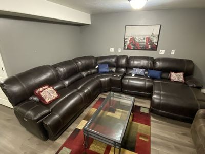 Premium Large Dark Brown Leather 7-Piece Sectional Sofa with Recliner, Chaise, Cupholders, Storage