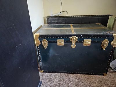 Vintage Dark Green Metal & Wood Trunk with Brass Hardware - Rustic Storage Chest