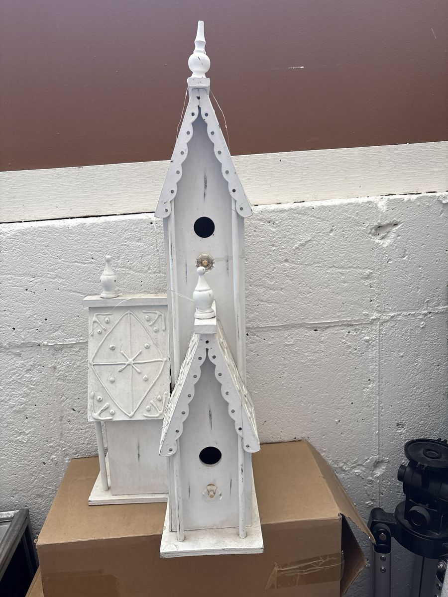 Vintage White Wooden Multi-Level Church Birdhouse Decor
