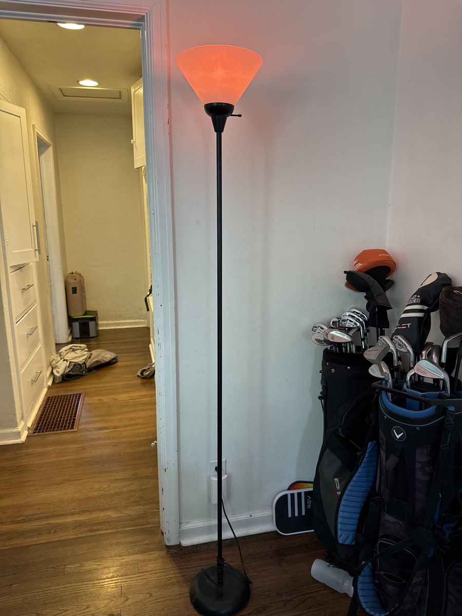 Black Torchiere Floor Lamp with Frosted Orange Shade - Ambient Up-lighting for Home or Office
