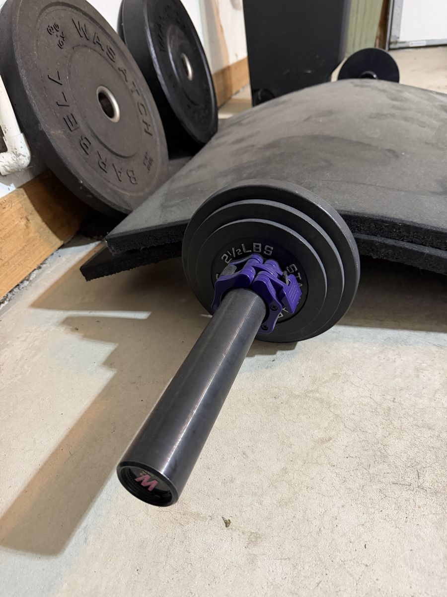 Complete barbell, bumpers, change plates, mats.
