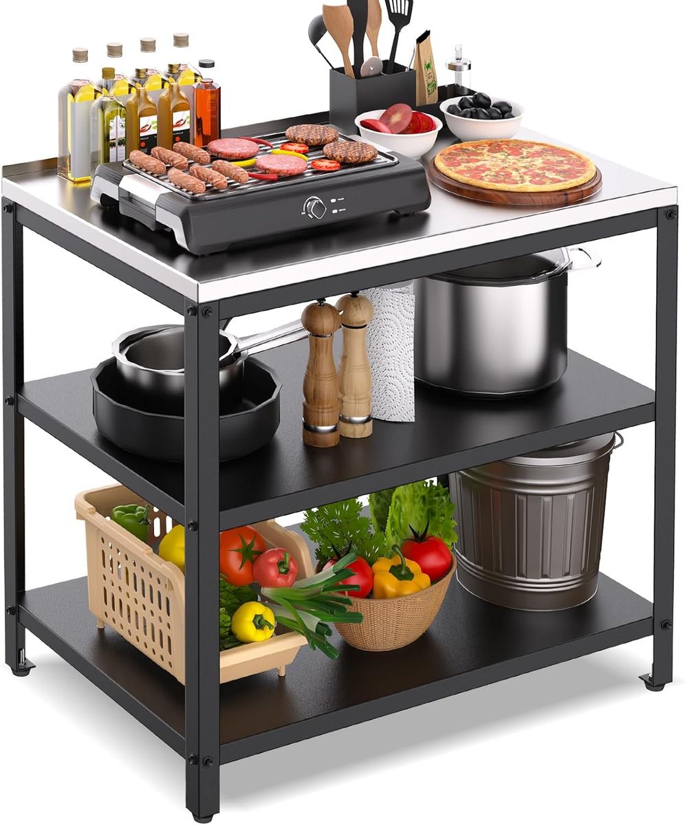 NEW Stainless Steel Outdoor Prep Table, 3-Tier Heavy Duty Grill & BBQ Prep Station, Rust-Resistant Utility Table (No Sink)