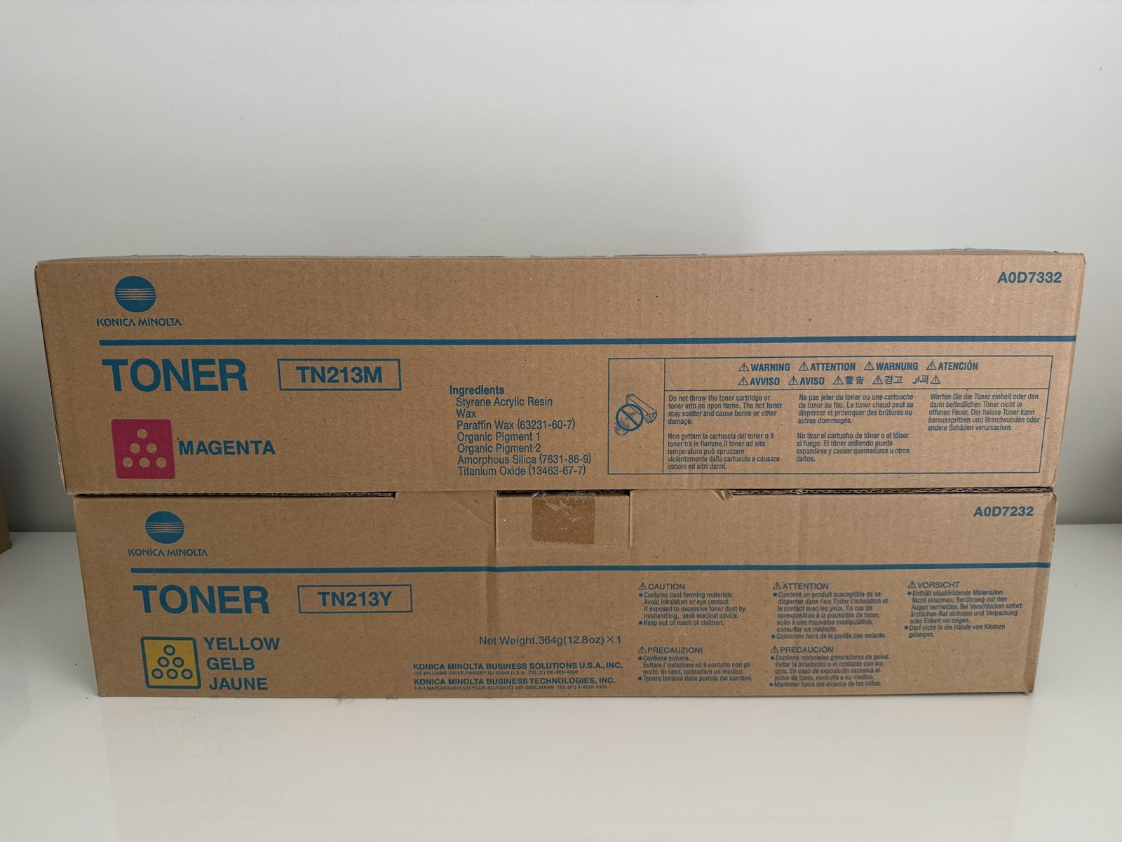 Konica Minolta TN213M Magenta & TN213Y Yellow Toner Cartridges - New, 364g each