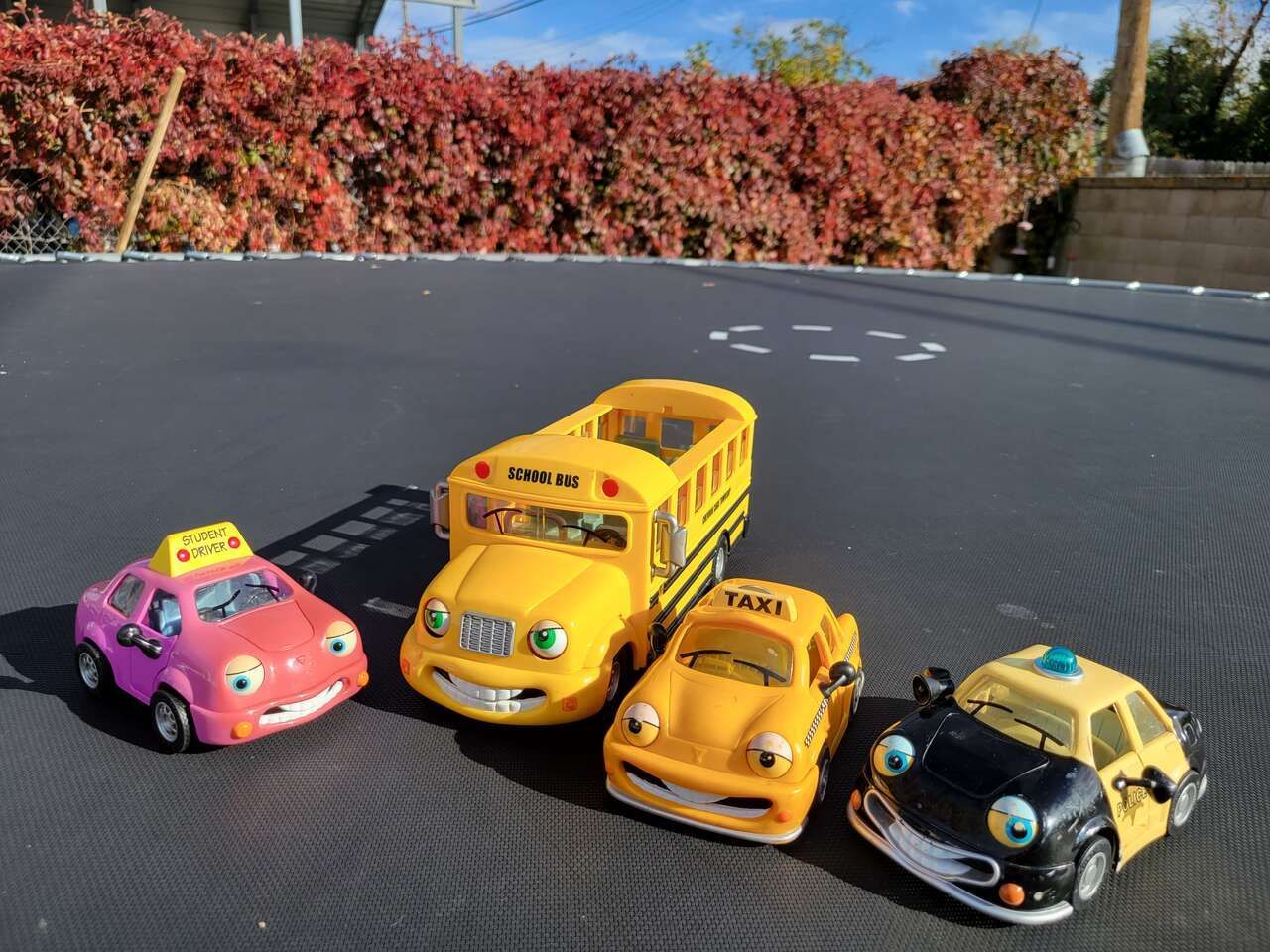 3 Chevron Techron cars- Tyler Taxi, Patty Patrol (police car), Sally School Bus
