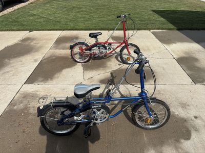 Vintage Dahon III Folding Bikes - Pair (Blue & Red) with Rear Racks