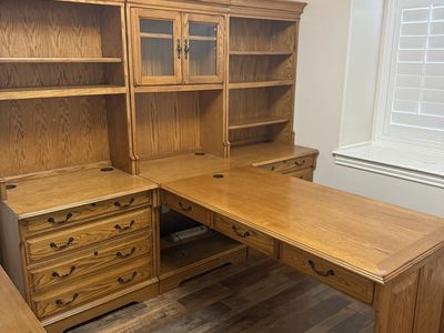 Large Wooden Executive Office Desk with Hutch and Storage Shelves