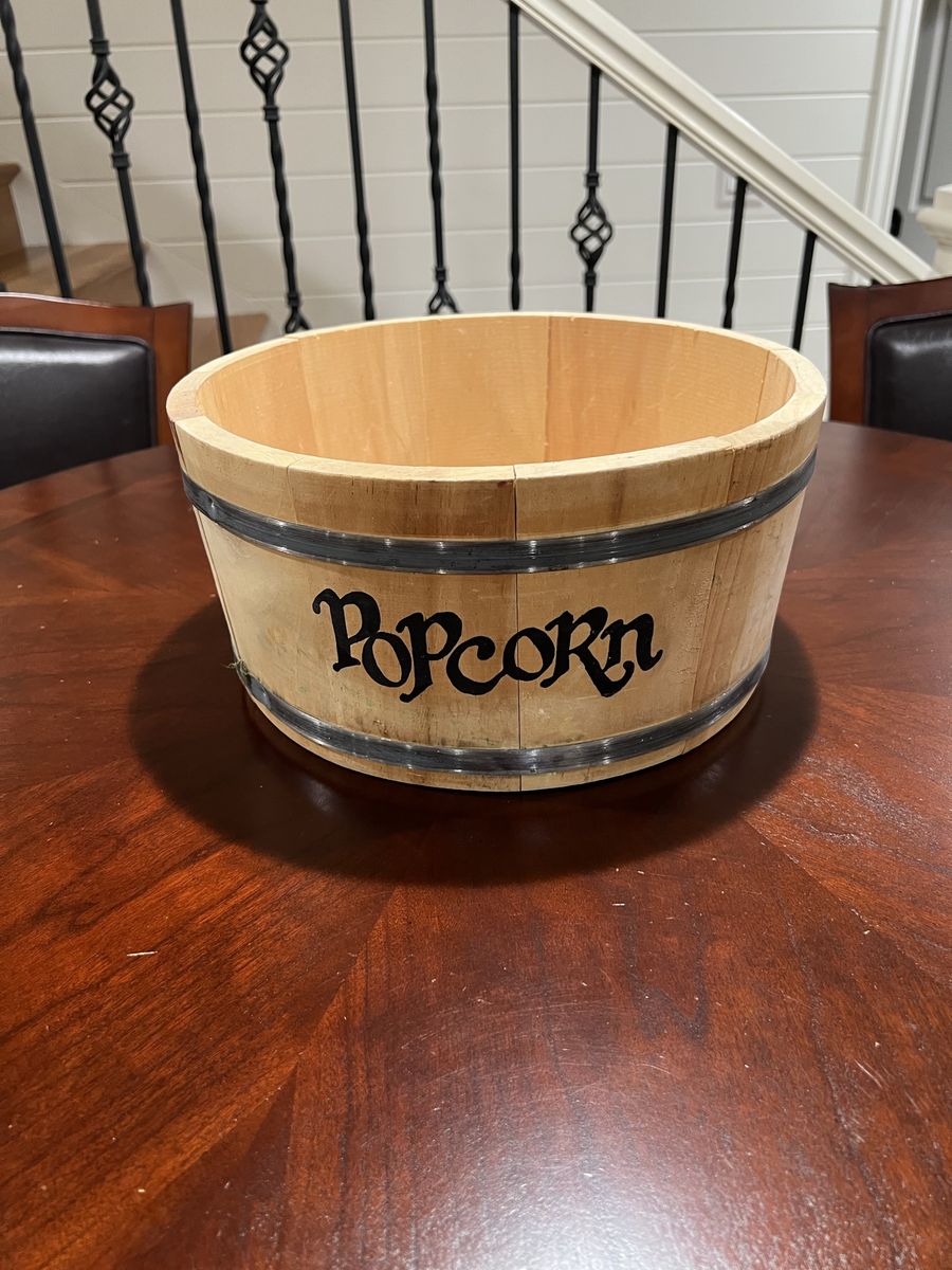 Wooden Popcorn Bucket Bowl with Metal Bands - Rustic Kitchen Decor