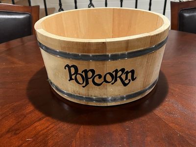 Wooden Popcorn Bucket Bowl with Metal Bands - Rustic Kitchen Decor