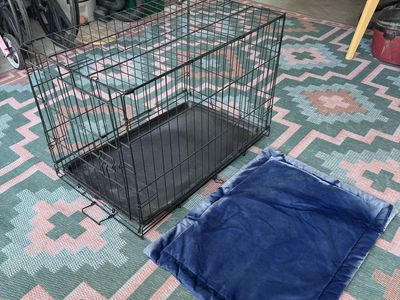 Collapsible Dog Crate with Removable Tray and Blue Cushion Pad