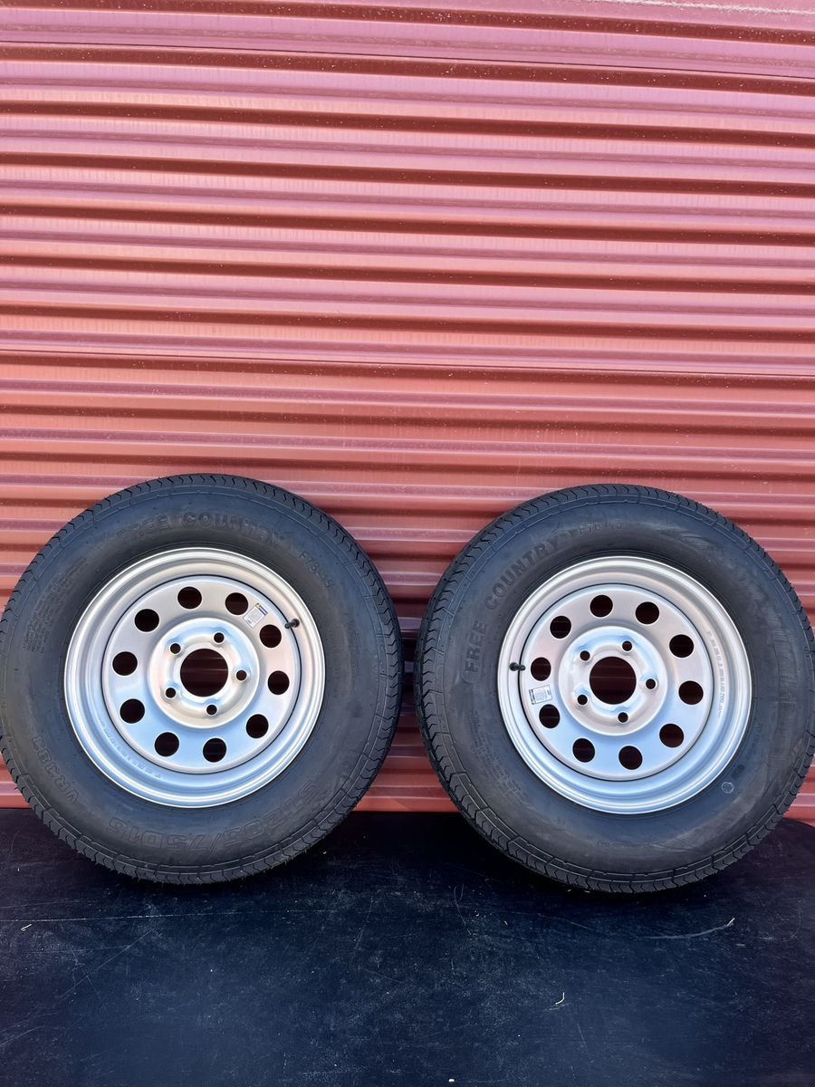 Set of 2 Free Country ST 205/75 D 15 Trailer Tires Mounted on New Silver Mod Wheels 5 on 5 Pattern Brand New