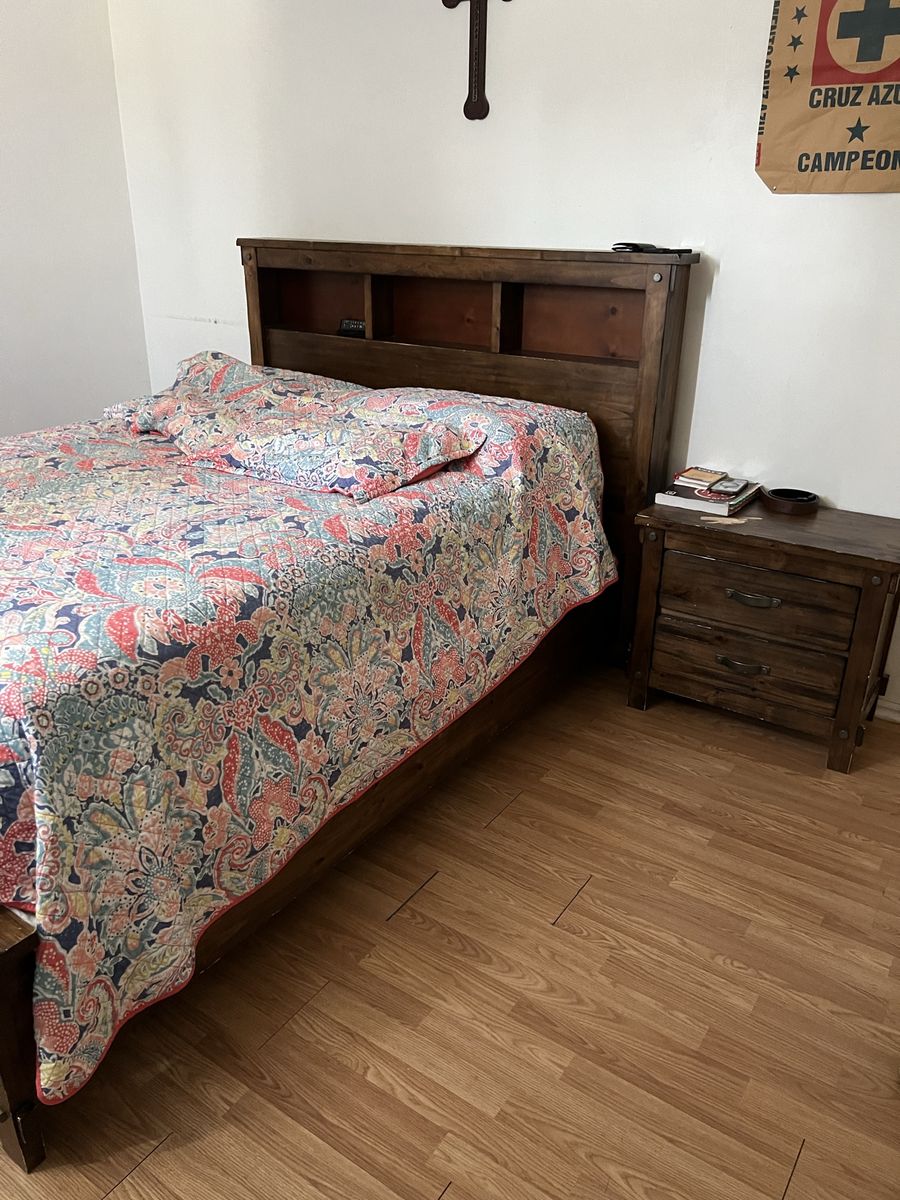 Wooden Bedroom Set - Bed Frame, Headboard with Storage, Dresser with Mirror, Nightstand