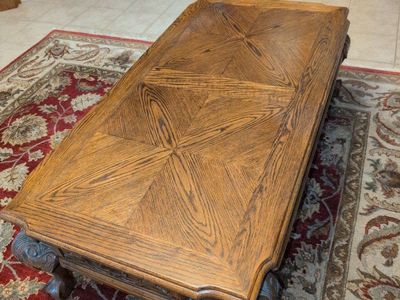 Oak Coffee Table with Ball and Claw Feet and Carved Details