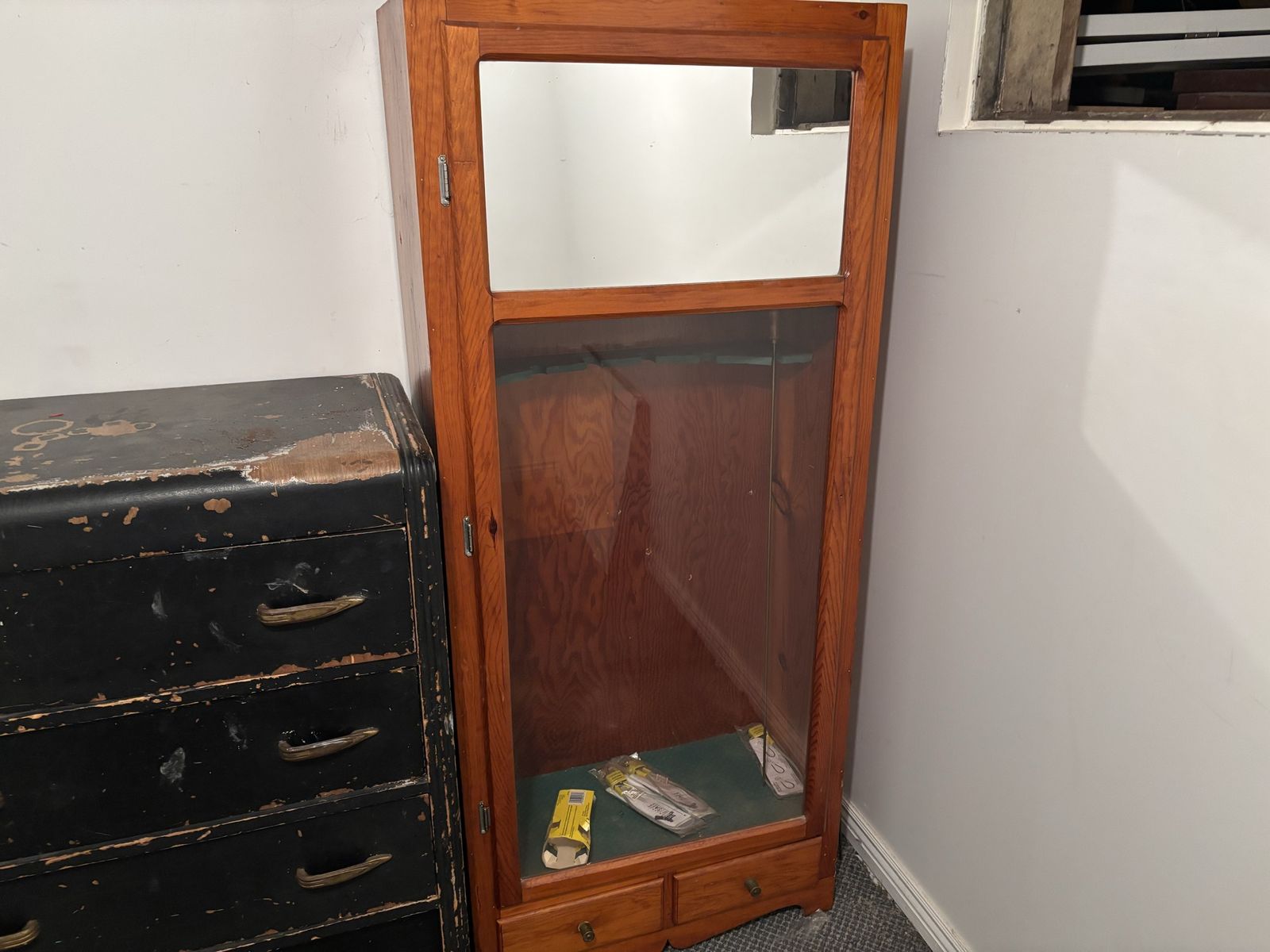 Wooden Gun Cabinet with Glass Door and Storage Drawers - Ideal for Display. Located in Ogden. Will be here until 230 today.