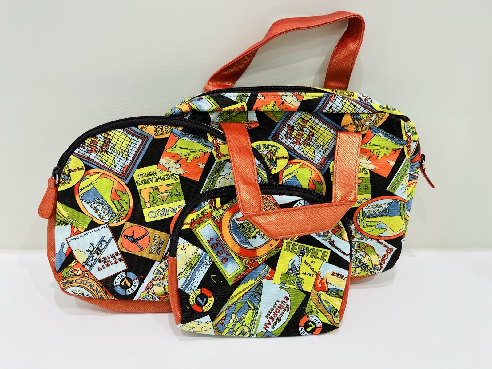 Travel-themed Zippered Organizer Bags Set of 3 - Vintage Decal Print, Canvas Material